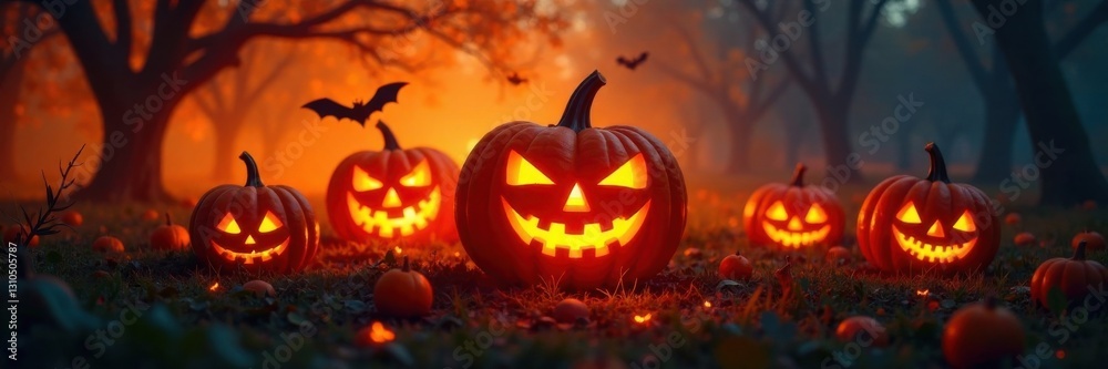 Pumpkin silhouettes with Halloween typography in a spooky orange glow, autumn, fall, glow