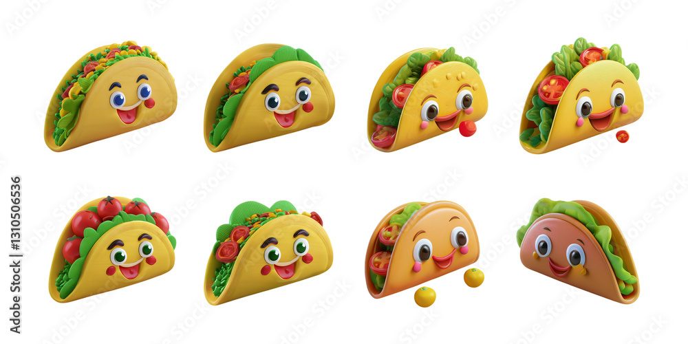 Colorful Cartoon Tacos with Happy Faces and Fresh Ingredients, isolated on transparent background
