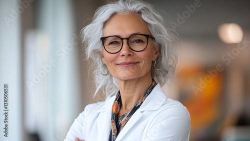 Woman doctor in hospital. Senior adult. Contrast. Beautiful female doctor in a white coat with a stethoscope. Concept of medicine. Background with copy-space. Generated AI.