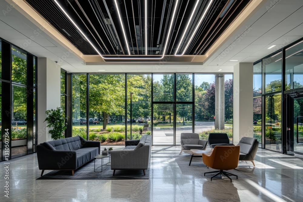 Fototapeta premium Modern office lobby with large windows overlooking a park. Spacious, bright, and contemporary design features comfortable seating areas.