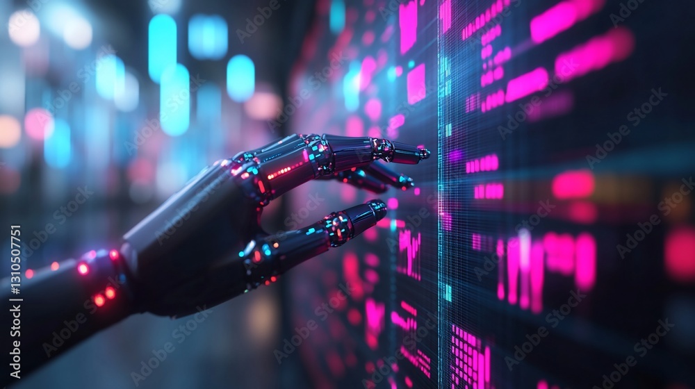 Fototapeta premium Robotic hand interacts with digital data display