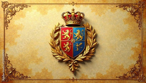 Royal crest on golden parchment with intricate swirled patterns, symbol, vintage, regalia