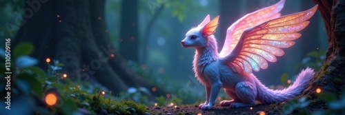 Winged creature with iridescent feathers and glowing auras in mystical forest , glowing, wings, creatures