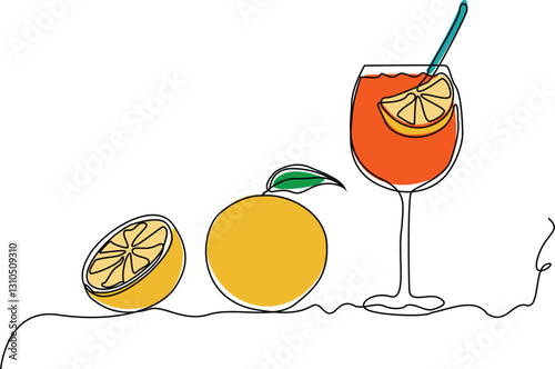 spritz aperol cocktail and orange fruit. continuous single line art drawing sketch, vector illustration.