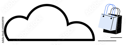 Cloud icon next to two shopping bags with handles. Ideal for e-commerce, digital retail, cloud storage, online shopping, internet services, digital marketplace, technology solutions. Simple abstract