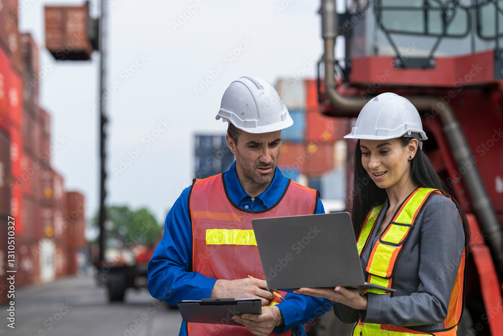 Two logistics workers man and woman discuss operations at a busy shipping container yard. Two logistics workers man and woman discuss operations at a busy shipping container yard.