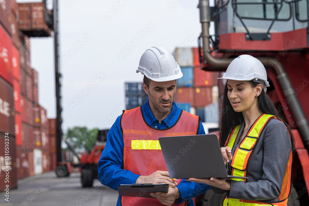 Two logistics workers man and woman discuss operations at a busy shipping container yard. Two logistics workers man and woman discuss operations at a busy shipping container yard.