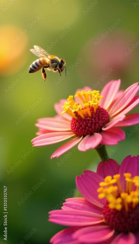 Yellow bee flies over vibrant flowers in the air , flying, bee, nature Yellow bee flies over vibrant flowers in the air , flying, bee, nature