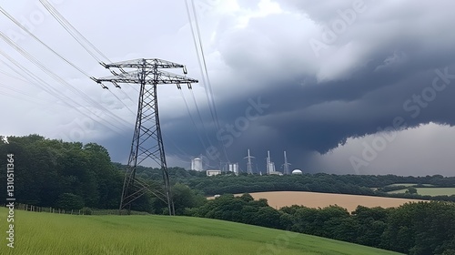Dramatic Storm Clouds over Powerlines and Nuclear Plant