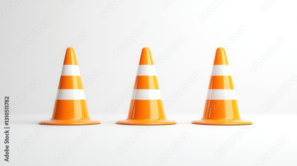 Three identical bright orange traffic cones with a glossy reflective finish arranged in a minimalist studio setup These warning markers are used for construction road safety and traffic control Three identical bright orange traffic cones with a glossy reflective finish arranged in a minimalist studio setup These warning markers are used for construction road safety and traffic control