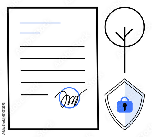 Document with signature, blue shield with lock symbol, stylized tree. Ideal for legal agreements, security, privacy, protection, sustainability digital signatures eco-friendly practices. Abstract