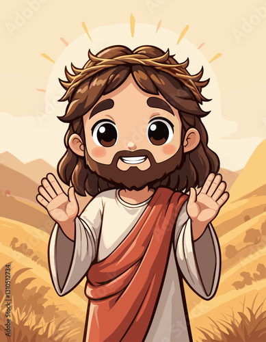Cartoon Jesus Christ, welcoming pose, desert landscape.