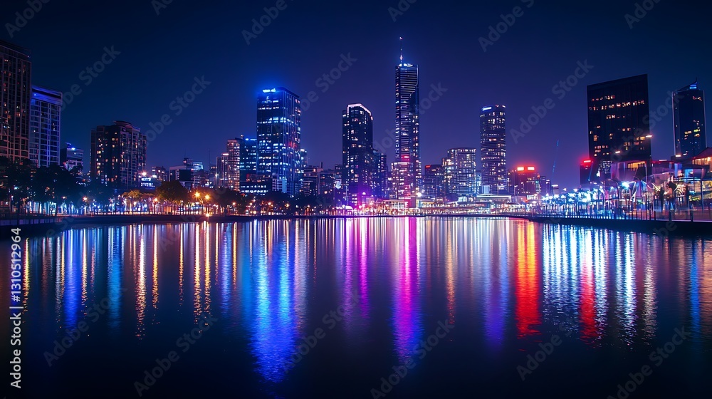 Fototapeta premium City Skyline at Night Reflecting on Water with Colorful Lights