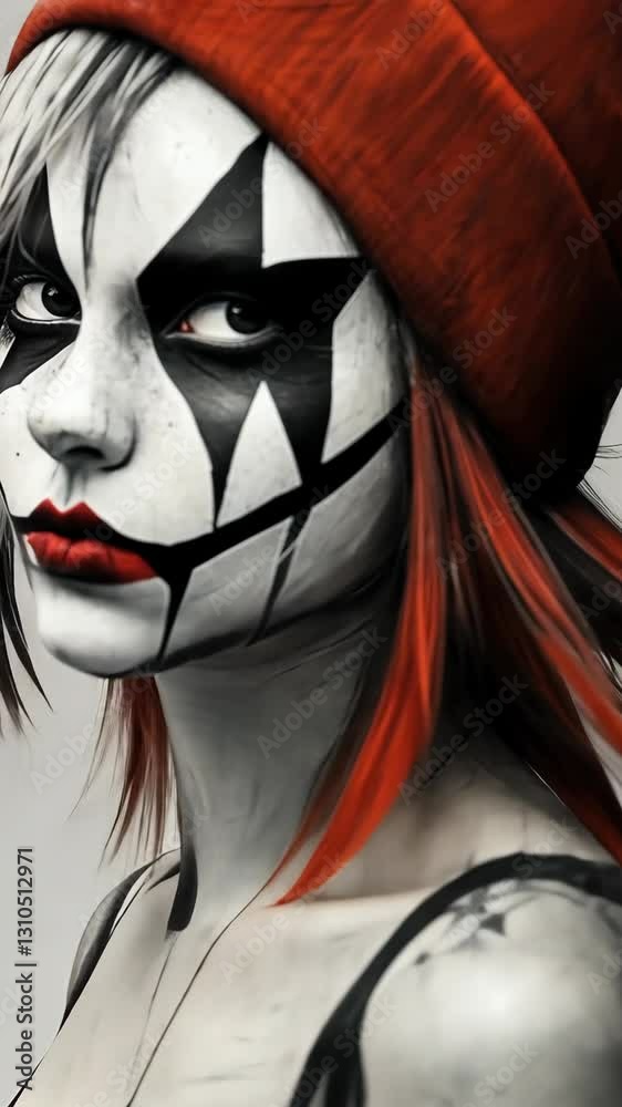 Woman with striking clown makeup and red beanie posing against a neutral background Woman with striking clown makeup and red beanie posing against a neutral background