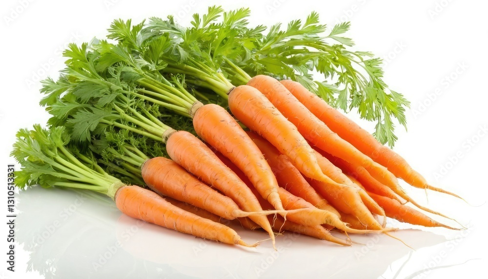 A bunch of vibrant orange baby carrots with green tops, on white background. 8 A bunch of vibrant orange baby carrots with green tops, on white background. 8