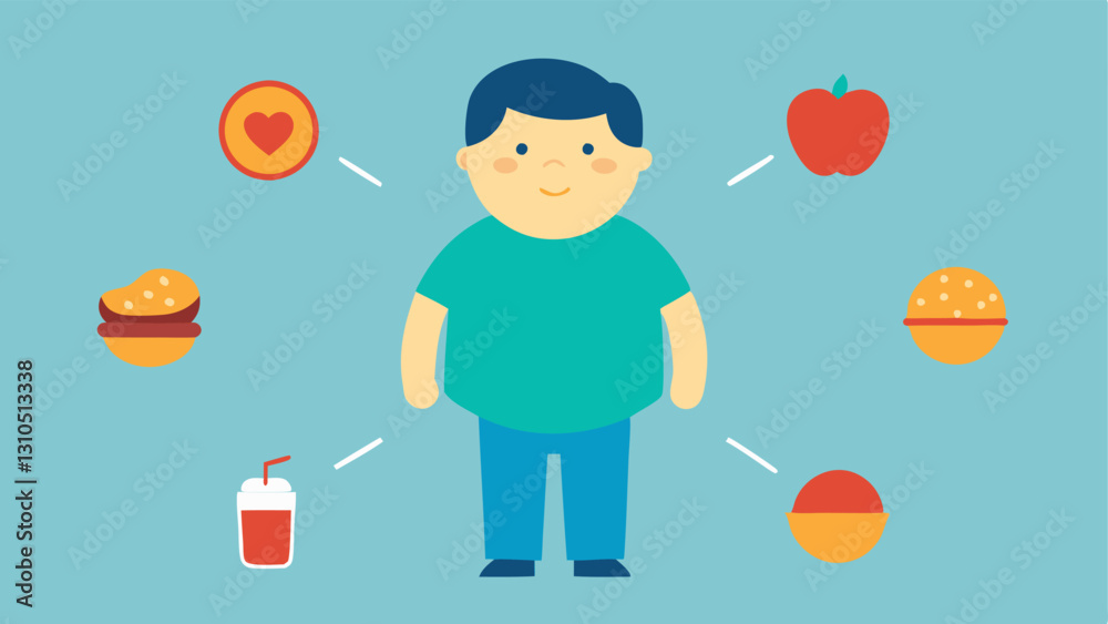 These descriptions aim to visually illustrate the contributing factors of childhood obesity linked to processed foods and lack of physical activity in a simple and clear manner.