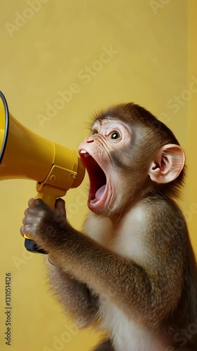 Monkey shouts into a yellow megaphone with excitement against a bright yellow background in a playful moment