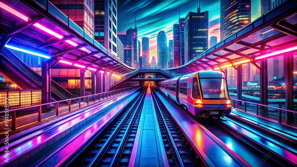 Fototapeta premium Futuristic Neon Cityscape: Glowing Transportation Network & Abstract Background