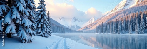 Snowy forest with tall pine trees and a frozen lake in the background, frozen lake, silence, snowflakes