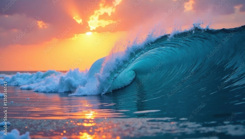 Fototapeta premium Soaring blue wave crashes on ocean shore at sunset, blue, water, sea