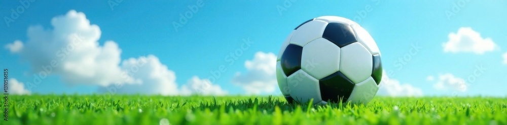 Fototapeta premium Soccer ball bouncing on green grass with blue sky , ballon, nature, sport