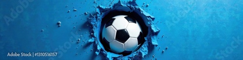 Soccer ball flies through small hole in blue filet , motion, flight, soccer