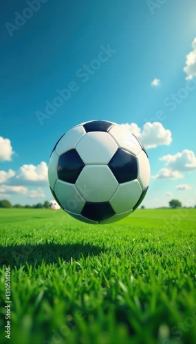 Soccer ball flying through air in blue grassy area , soccer match, yellow, white