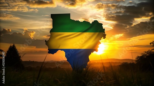 Gabon Flag Silhouette Map: African Nation's Proud Emblem at Sunset