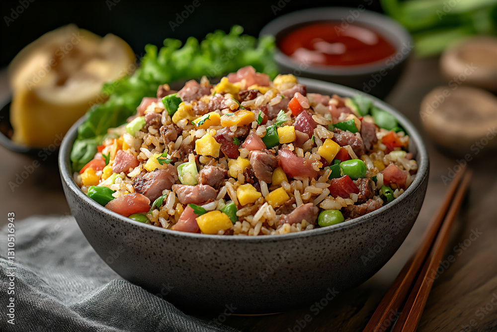 a bowl of chinese fried rice with vegetables, ketchup, a bowl of chinese fried rice with vegetables, ketchup,