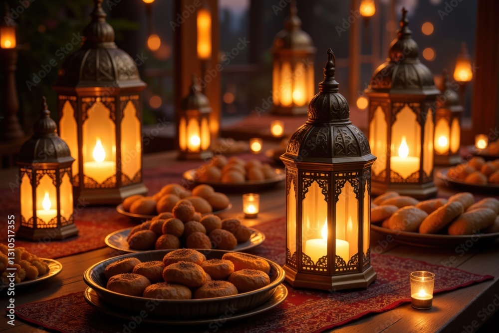 An Enchanting Table Display of Traditional Middle Eastern Sweets and Lanterns During Evening Gatherings in a Warm, Cozy Atmosphere An Enchanting Table Display of Traditional Middle Eastern Sweets and Lanterns During Evening Gatherings in a Warm, Cozy Atmosphere