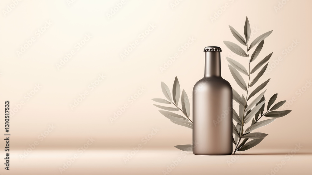 A sleek bottle stands against a soft, neutral background, complemented by delicate green leaves, creating a minimalist and elegant aesthetic. A sleek bottle stands against a soft, neutral background, complemented by delicate green leaves, creating a minimalist and elegant aesthetic.