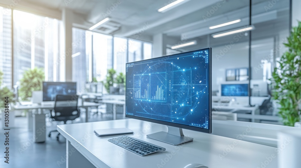 Modern Office Workspace with Computer Displaying Network Data Visualization Modern Office Workspace with Computer Displaying Network Data Visualization