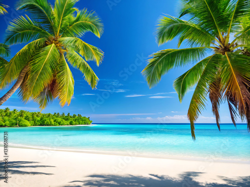 tropical beach with palm trees. beach, palm, sea, tropical, tree, island, ocean, sand, sky, paradise, summer, water, travel, coconut, vacation, nature, coast, holiday, landscape, caribbean, sun, exoti