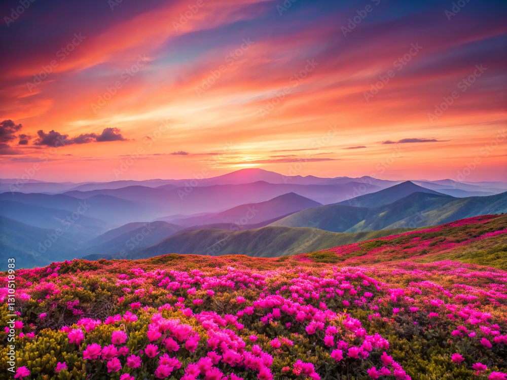 Fototapeta premium sunset in the mountains. sunset, sky, landscape, mountain, sunrise, nature, sun, mountains, clouds, cloud, orange, dawn, dusk, red, field, view, morning, summer, sunlight, evening, beauty, beautiful, 
