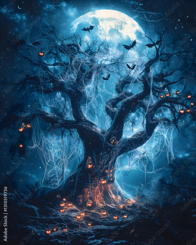 Obraz premium Enchanted Halloween Night with Eerie Tree and Glowing Pumpkins