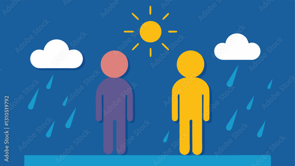 Sun and Rain A bright sun shining on one figure while the other is under rain symbolizing the uneven distribution of emotional nurturing in a relationship.