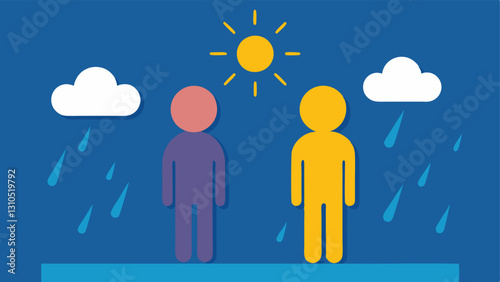 Sun and Rain A bright sun shining on one figure while the other is under rain symbolizing the uneven distribution of emotional nurturing in a relationship.