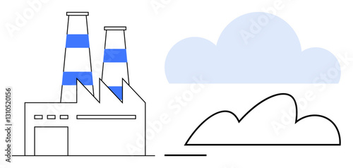 Factory building with chimneys emitting simplified cloud shapes, conveying air pollution, industry impact, sustainability, climate change, environmental awareness, clean energy, and eco-consciousness