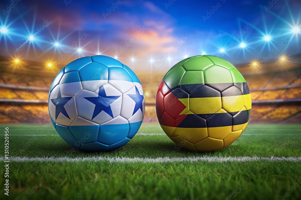 Fototapeta premium Ghana vs Uruguay Soccer Match: Two Footballs in National Team Colors on Blurred Stadium Background