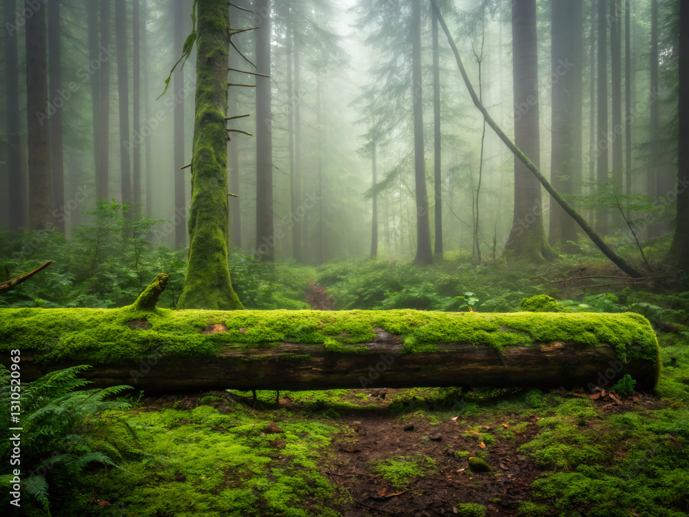 Obraz premium misty morning in the forest. forest, trees, tree, mist, fog, sun, misty, nature, light, landscape, woods, autumn, green, path, foggy, morning, woodland, wood, spring, sunlight, summer, sunrise, foliag