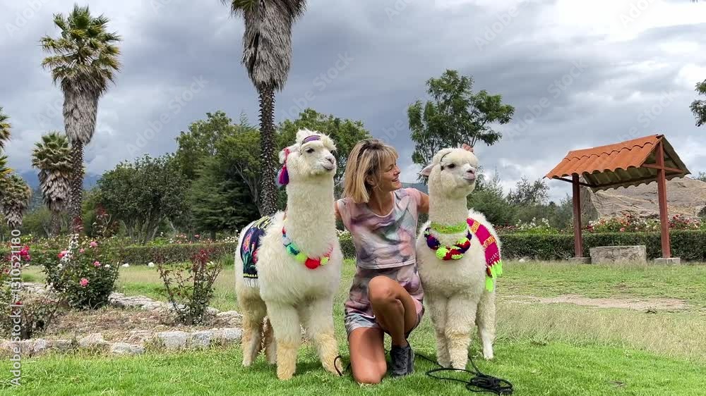 Footage of young woman taking pictures and hugs two alpacas in Peru. Happy together! Lamas are wearing typical Peruvian decoration in the mountains close to Huaraz. Travel concept