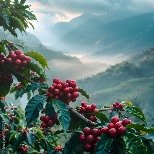 Misty Coffee Plantation with Lush Greenery and Ripe Berries