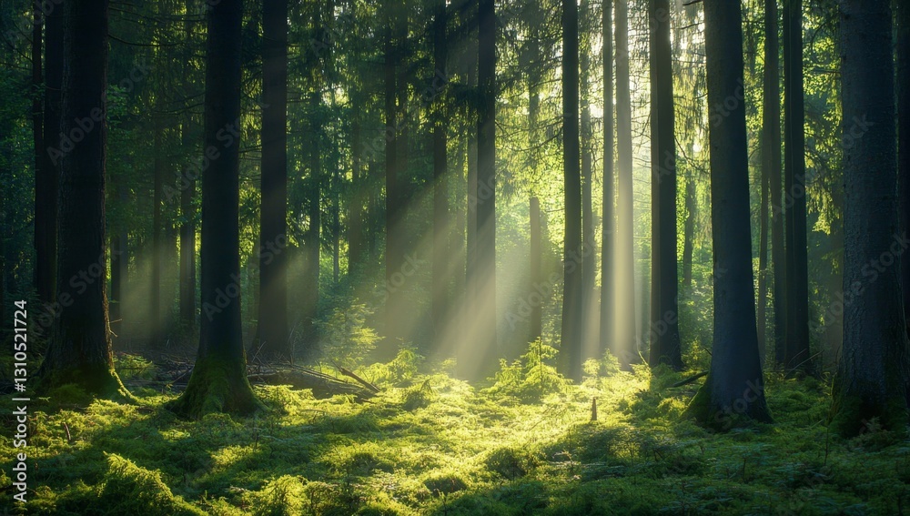 Obraz premium Sunlight streams through misty forest