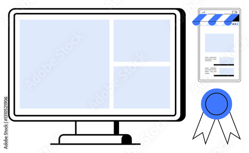 Desktop monitor displaying a webpage layout alongside a certified badge and an online storefront concept. Ideal for web design, certification, e-commerce, branding, business, digital marketing