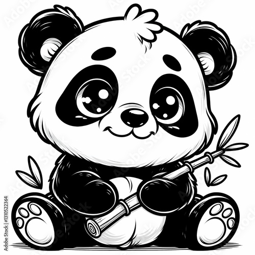 Cute cartoon panda holding a bamboo stick. Fun kids' coloring page.