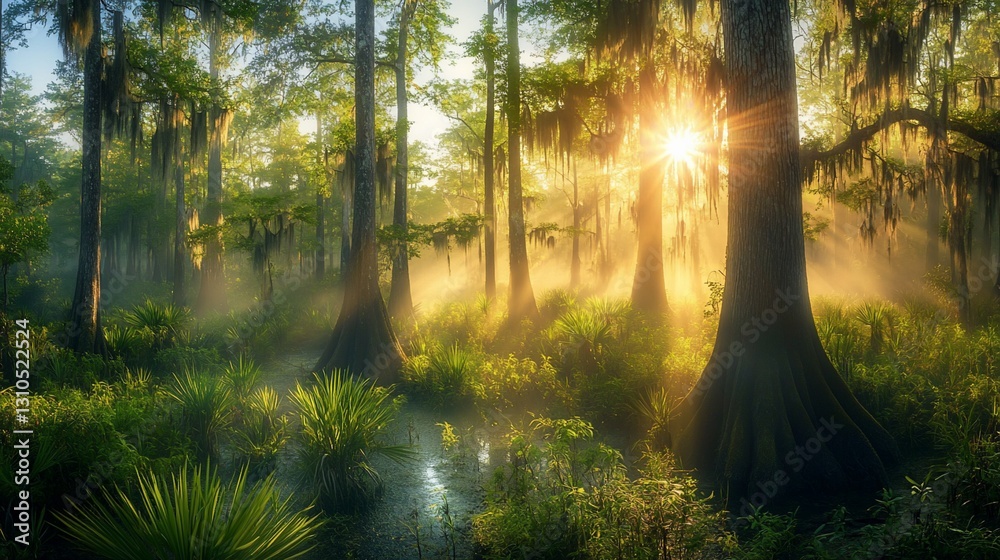 Fototapeta premium Sunlit Swamp Sunrise, Misty Forest Scene