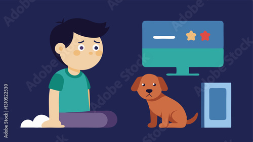 Stress and Frustration An of a child at a screen displaying a high score looking stressed and tired while a family dog looks at them longingly showcasing emotional
