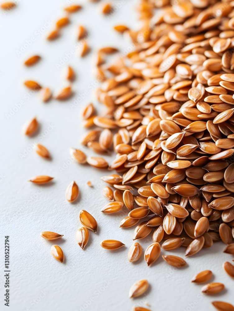 Obraz premium Golden Brown Flaxseeds Scattered on a White Surface