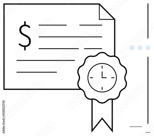 Financial paper with currency sign and approval badge featuring clock icon. Ideal for finance, contracts, agreements, certification, time management, official documents, flat simple metaphor