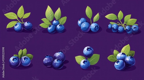 Cartoon blueberries with leaves on purple background